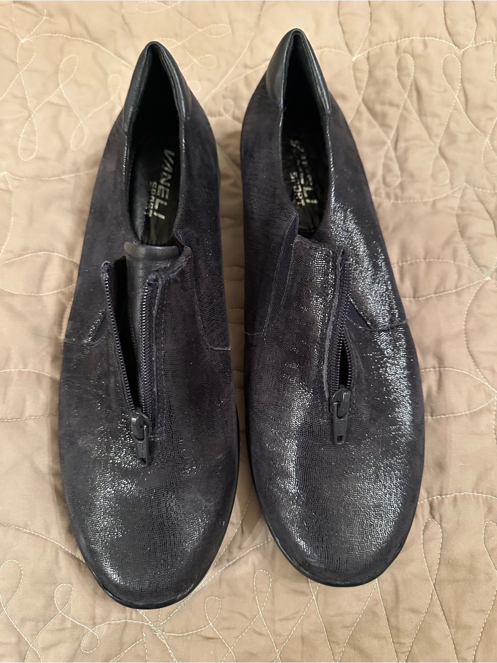 Vaneli Black Shimmery Zip-Front Women's Slip-On Flats